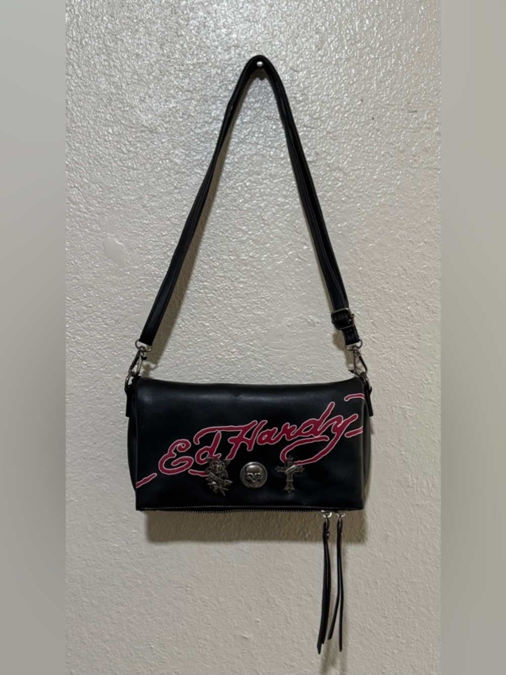 Ed Hardy Logo Crossbody Clutch Bag Cross Skull Rose Metal Emb Black Motto Grunge